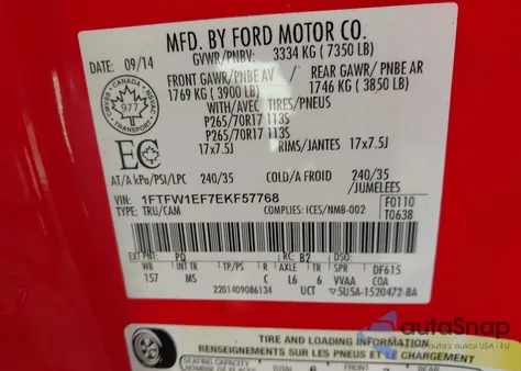 2014 Ford F-150 Xlt z USA, uszkodzony, nr VIN 1FTFW1EF7EKF57768